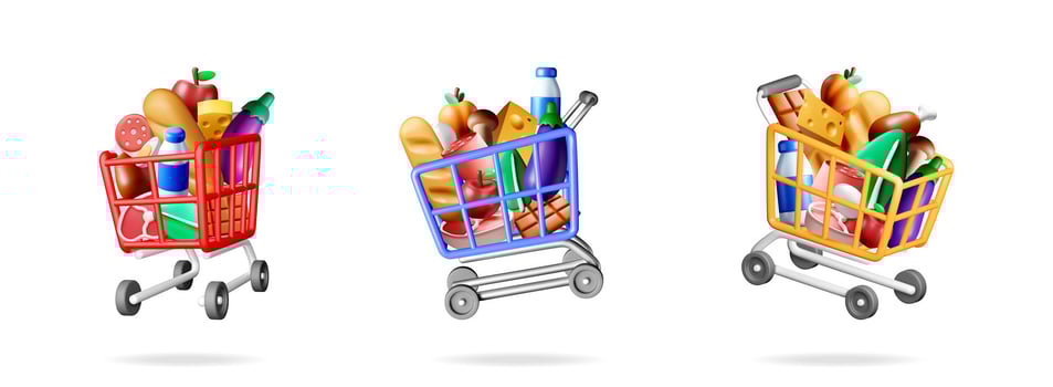 Set of three full shopping cart with grocery items. Food product collection for supermarket concept, online store, and retail. vector