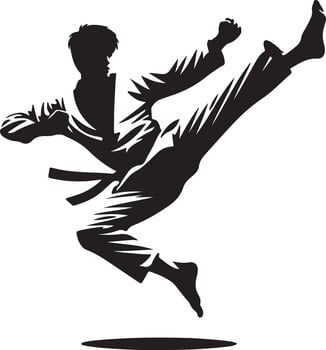 Silhouette of a karate practitioner in mid air performing a kick against a white background art image vector