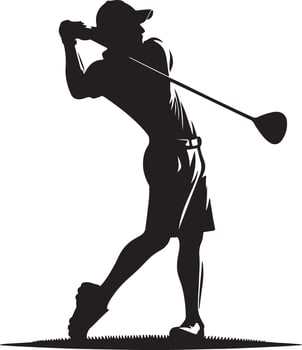 Silhouette of a golfer in mid swing wearing a cap and shorts against a white background on grass vector