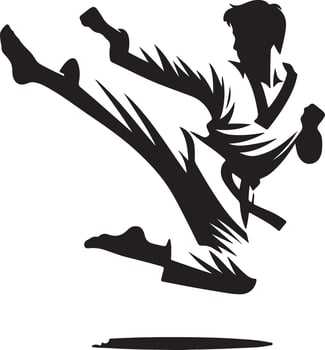 Silhouette of a man in a karate uniform performing a flying kick on a white background in a studio vector