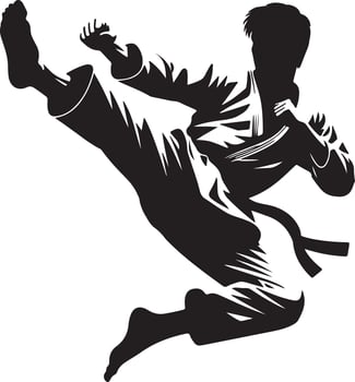 Silhouette of a martial artist in mid air performing a kick with a black belt on a white background vector