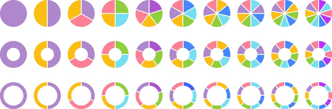 Pie charts diagram set. Pie chart divided equal parts. Progress sectors. ring percentage wheel. Charts diagram segment infographic vector