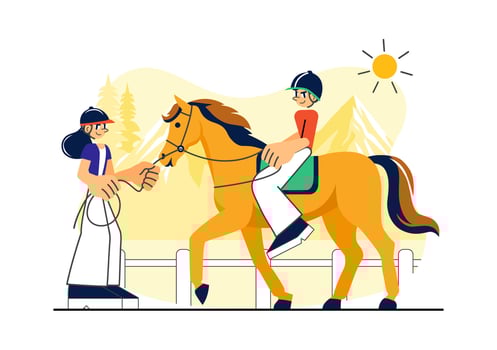 Horse Riding Practice Illustration in an Open Grassland with Colorful Cartoon Design vector