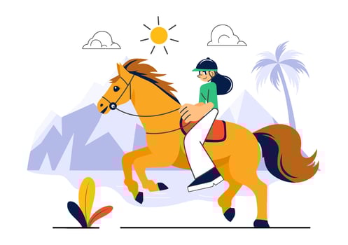 Person riding horse in sunny landscape vector