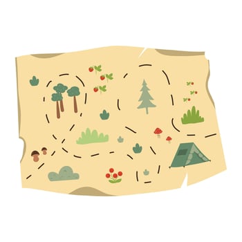 Hand drawn map on a piece of parchment with forest, camp tent drawings on the layout and path illustration on a white background vector