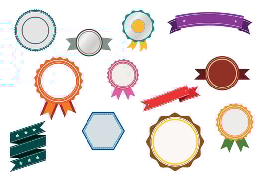 Colorful award badges and ribbons in various blank round and geometric shapes on white background vector