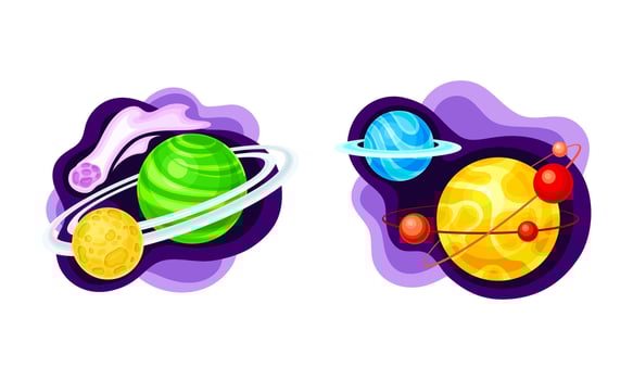 Solar System planets, space planets, asteroid. Fantastic cosmic illustration vector