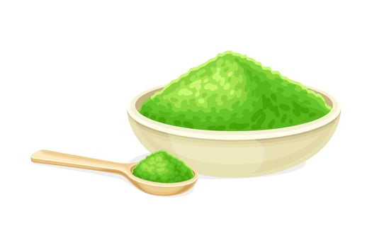 Bowl and spoon of spirulina powder. Eco healthy dietary supplement illustration vector