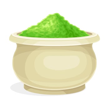 Ceramic pot of spirulina powder, organic dietary supplement illustration vector