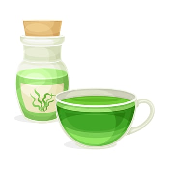 Spirulina healthy drink. Bottle of antioxidant liquid. Organic dietary supplement illustration vector