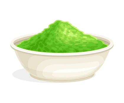 Ceramic bowl of spirulina powder. Healthy organic dietary supplement, antioxidant superfood illustration vector