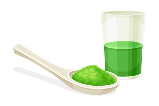 Spoon of spirulina powder and healthy drink. Organic dietary supplement, antioxidant superfood illustration vector