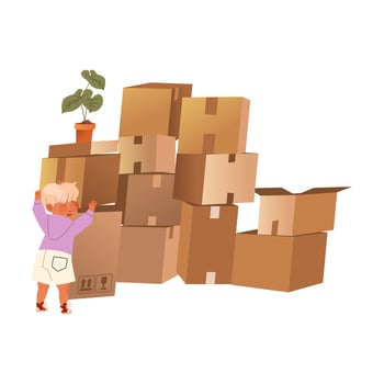 Apartment moving. Pile of stacked cardboard boxes. Kid carrying box cartoon illustration vector