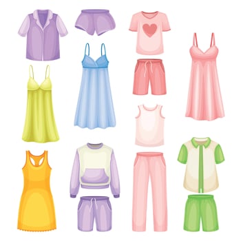 Sleepwear for women. Cotton and silk pajamas, nightgown, bathrobe, textile night clothes cartoon illustration vector