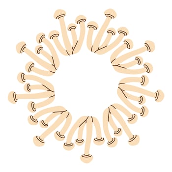 Mushroom white circle frame. Round border made of fall mushrooms. The mushrooms have different shapes and are arranged in a circle. flat isolated on white background. vector