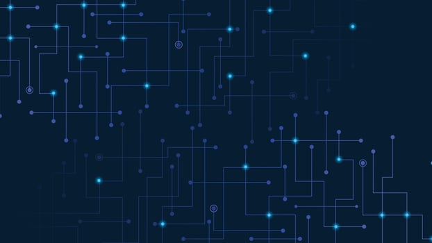 Futuristic technology background with glowing circuit lines and nodes on dark blue backdrop perfect for digital or tech themed designs vector