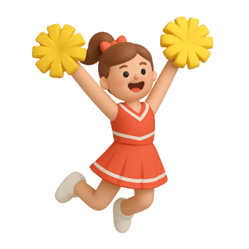 A 3D animated cheerleader mid-jump, waving pom-poms with a wide grin png