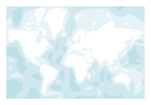 Map of World continents - North America, South America, Africa, Europe, Asia and Australia. Mercator projection. Simplified map of land silhouette with bathymetry and seas and oceans names. vector