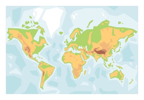 Simplified physical map of World. Colorful height layers and water bathymetry. Blank map. vector