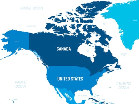 North America map - green hue colored on dark background. High detailed political map North American continent with country, capital, ocean and sea names labeling. vector