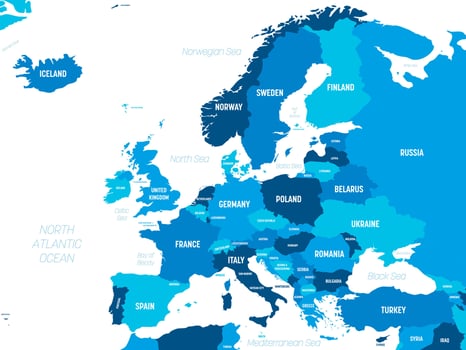 Europe map - green hue colored on dark background. High detailed political map of european continent with country, capital, ocean and sea names labeling. vector