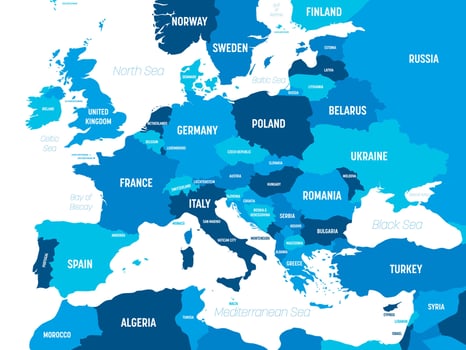 Europe map - blue hue colored on dark background. High detailed political map of european continent with country, capital, ocean and sea names labeling. vector