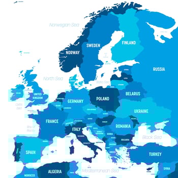 Europe map - blue hue colored on dark background. High detailed political map of european continent with country, capital, ocean and sea names labeling vector