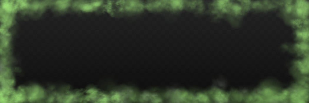 Realistic green smoke or haze frame, overlay effect on a dark background. Hot fire and flame, magic fog, vapor. Abstract illustration vector