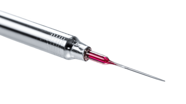 Biopsy needle collecting red liquid sample on transparent background png