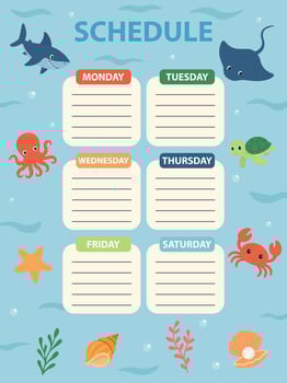 Weekly kids schedule with cute sea animals. Ocean timetable template. Underwater themed planner for children vector