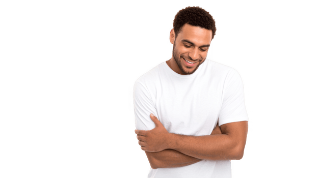 Young man smiling and crossing arms on transparent background png