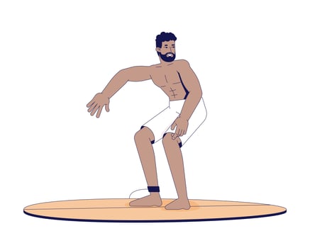 African american man surfing on board 2D cartoon character. Water sport. Muscular bearded black male surfer standing on surfboard flat person isolated on white. Spot illustration colorful vector