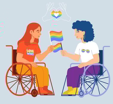 Two women in wheelchairs with rainbow flags vector