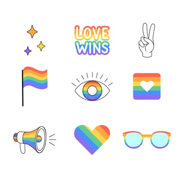colorful set of LGBTQ pride icons including rainbow flags, hearts, slogans, peace symbols, and more. Perfect for stickers, social media posts, t-shirt designs, pride campaigns, and inclusive branding vector