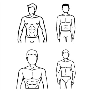 Four Male Body Types Line Art Illustrations Black White vector
