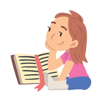 Curious Girl Reading Book, Young Fan of Literature, Fairy Tales, Stories, Discoveries Cartoon Style Illustration vector
