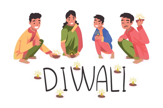 Diwali Hindu Holiday, Indian People in Traditional Clothes Sitting with Glowing Candles Cartoon Style Illustration vector
