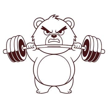 Angry Cartoon Bear Lifting Barbell Line Art vector
