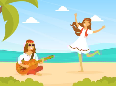 Hippie Characters, Young Man and Woman Playing Guitar and Dancing on Tropical Beach, Happy People Wearing Retro Clothes of the 60s and 70s Illustration vector