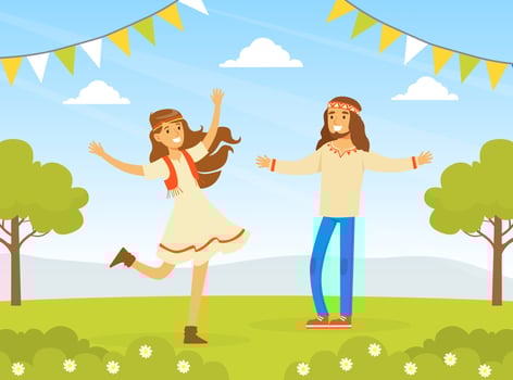 Hippie Characters, Young Man and Woman Dancing on Nature, Happy People Wearing Retro Clothes of the 60s and 70s Illustration vector