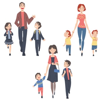 Parents Taking their Children to the School or Kindergarten in the Morning, Dad, Mom and Kids Walking Together Outdoors Cartoon Style Illustration vector