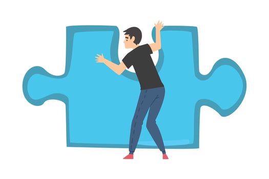 Back View of Man Solving Jigsaw Puzzle, Businessman Trying to Connect Blue Puzzle Element Cartoon Style Illustration vector