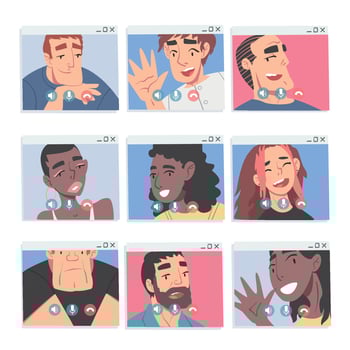 People Talking to Each Other on Computer Screen Set, Friends or Colleagues Having Conference Calls, People Working from Home, Social Distancing Concept Illustration vector