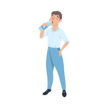 Young Man Drinking Clean Water from Plastic Bottle, Male Person Quenching Thirst, Healthy Lifestyle Concept Cartoon Style Illustration vector