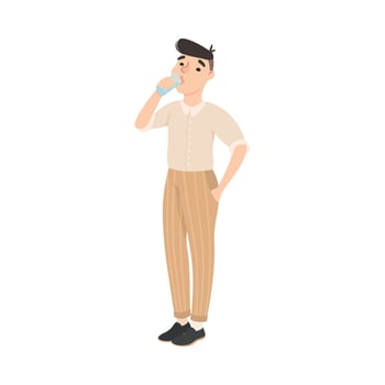Man Drinking Clean Water from Plastic Bottle, Guy Quenching Thirst Cartoon Style Illustration vector