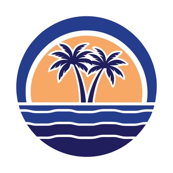 Tropical Sunset Scene Palm Trees Ocean Blue Orange Circle Logo Design vector