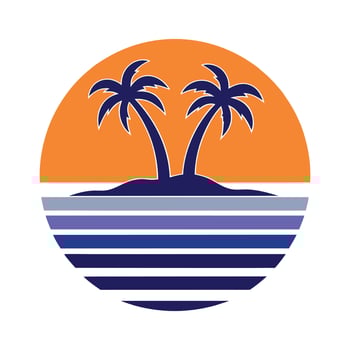 Retro Sunset Scene Two Palm Trees Orange Blue Island vector