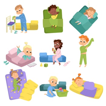 Cute Little Children Sleeping Sweetly in their Beds Set, Boys and Girls Getting Ready to Sleep, Sweet Dreams of Adorable Kids Cartoon Style Illustration vector