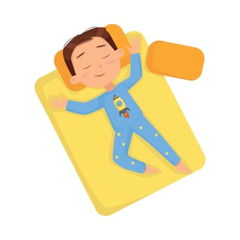 Top View of Little Boy Sleeping Sweetly in his Bed, Bedtime, Sweet Dreams of Adorable Kid Concept Cartoon Style Illustration vector