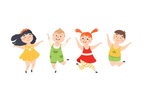 Cute Children Happily Jumping, Joyful Boys and Girls Having Fun Together Cartoon Style Illustration vector